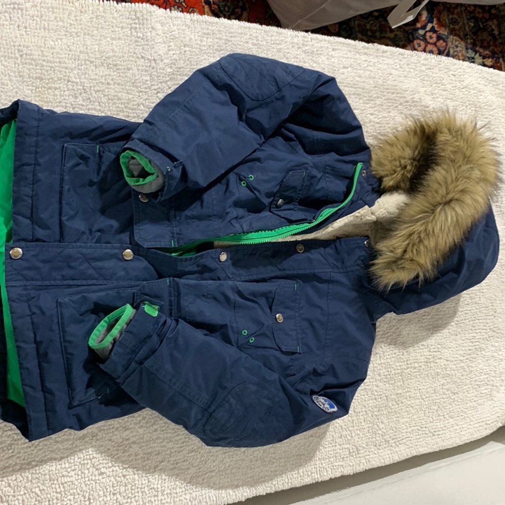 Land’s End Winter Coat, snow pants, and gloves